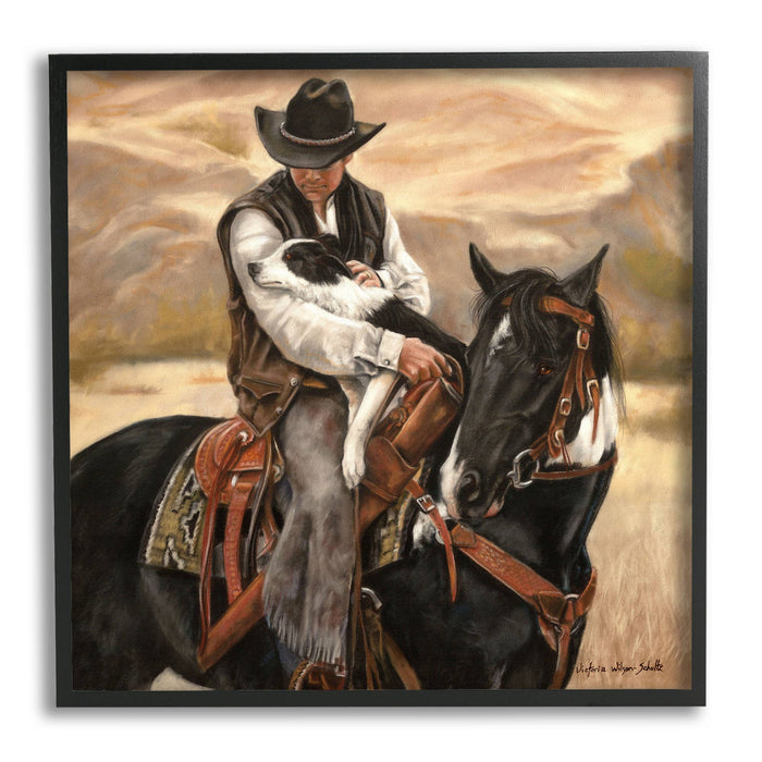 Cowboy with Dog Landscape Framed: Black / 24 x 24