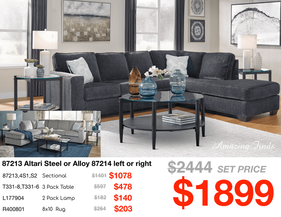 Altari sectional sofa w/ coffee table, 2 end tables, 2 lamps, 8x10 rug 8pc set NEW AY-87213S7