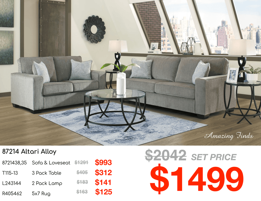 Altari Alloy Sofa Loveseat Living Room Set w/ Coffee Table, 2 End Tables, 2 Lamps, 5x7 Rug 8pc Set NEW AY-8721438,35,T115-13,L243144,R405462