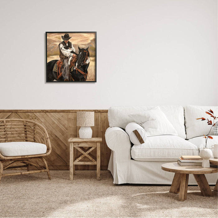 Cowboy with Dog Landscape Framed: Black / 24 x 24