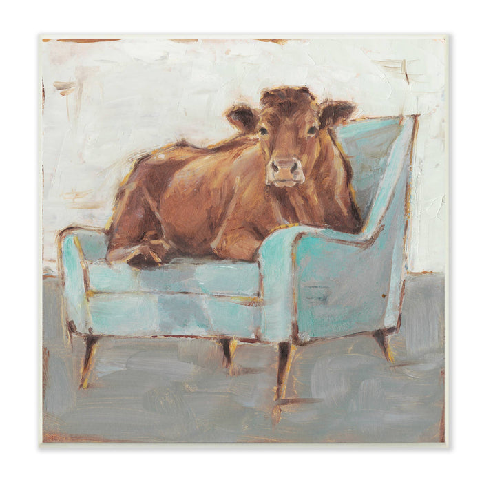 Brown Bull on a Blue Couch Neutral Color Painting Wall Art