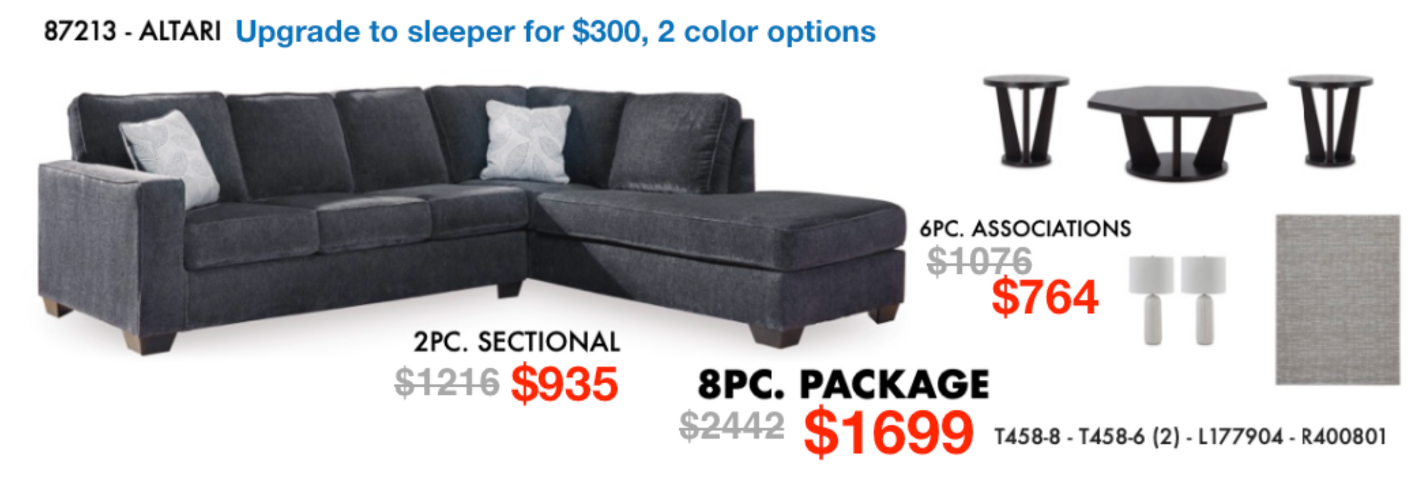Altari Sectional Sofa/Couch Collection Living Room 8pc Set NEW AY-87213, AY-T458-8, AY-T458-6(2), AY-L177904, AY-R400801
