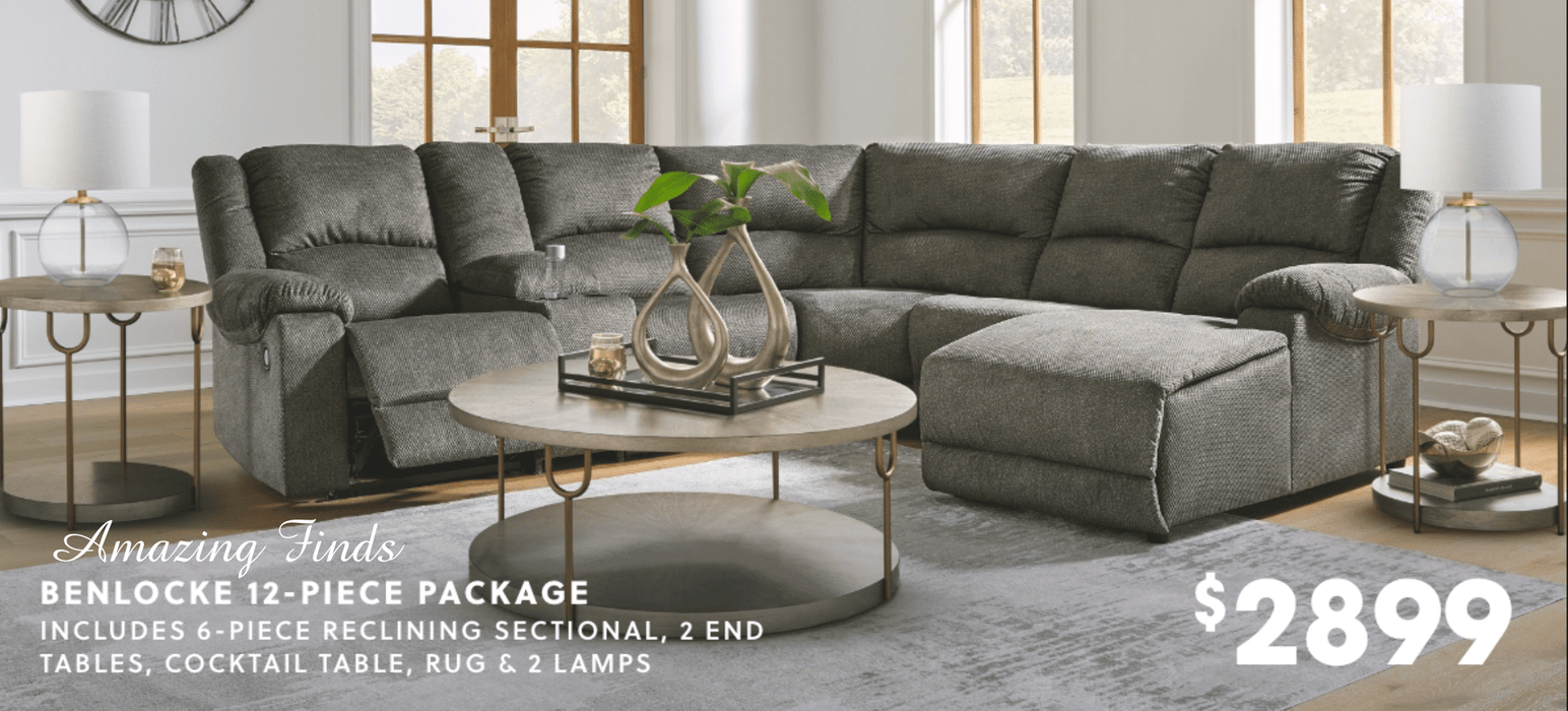 Benlocke Reclining Sofa with Chaise Living Room 12pc Package NEW AY-30402S11P12