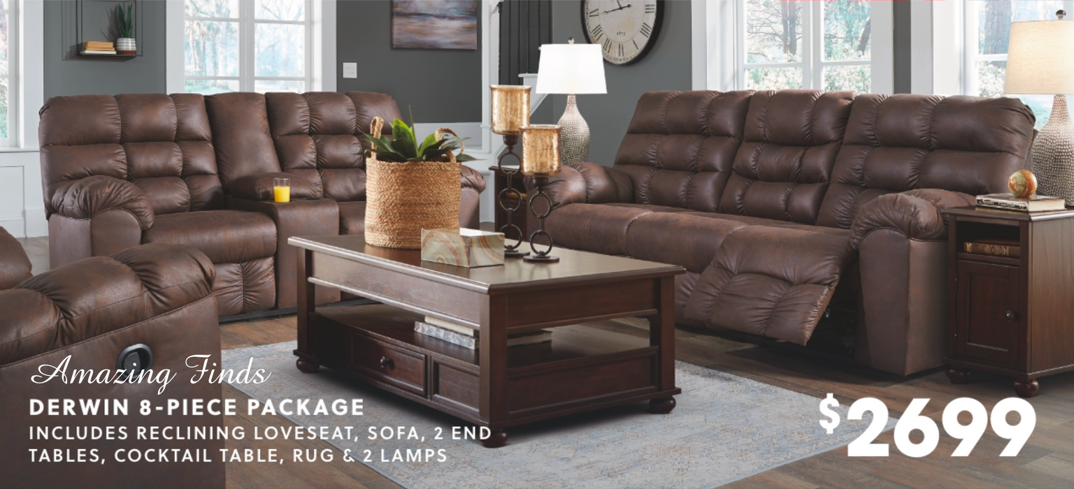 Derwin Reclining Sofa, Reclining Loveseat Living Room 8pc Package NEW AY-2840189,94P8