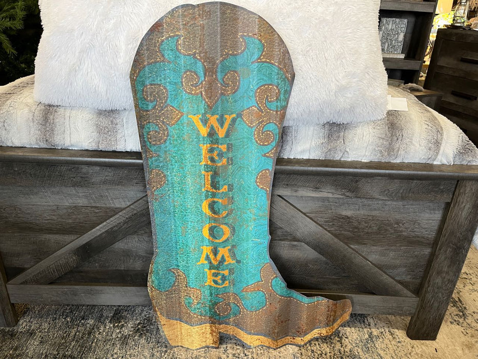 Corrugated Metal Cowboy Cowgirl Boot Welcome Sign Wall Art Turquoise Blue NEW Customizable MD-17741