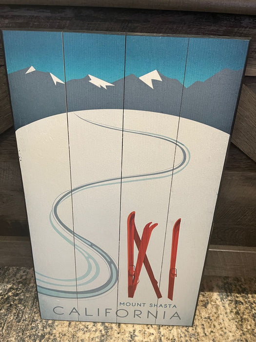 Ski Mount Shasta California Red Skis in the Snow 14x24 wood NEW customizable MD-24101