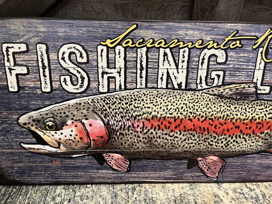 Fishing Lodge Sacramento River Fish Sign Wall Art 14x36 wood NEW customizable MD-21781