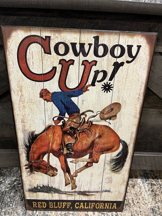 Cowboy Up! Bronco Red Bluff, California western rodeo horse sign wall art 14x24 wood NEW customizable MD-19291