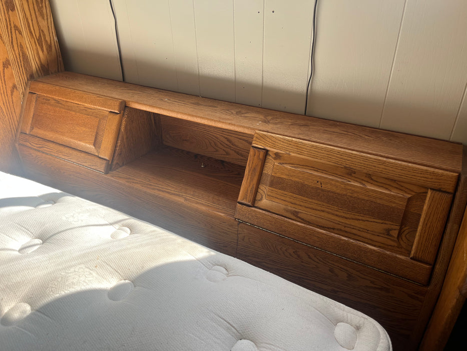 Oak Tree Furniture queen pier bed set w storage headboard, tall nightstand cabinets  32579