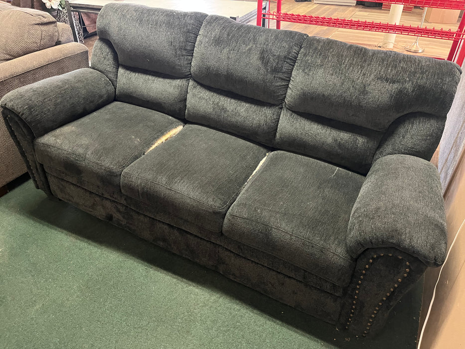 Sofa couch newer grayish blue damaged but usable 32591