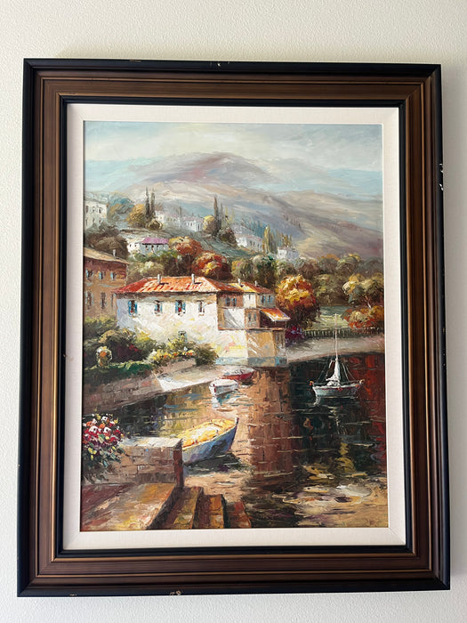 Gorgeous framed vertical painting European town with boats 32573