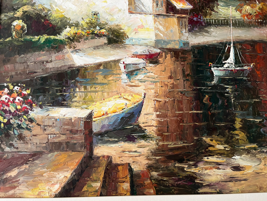 Gorgeous framed vertical painting European town with boats 32573