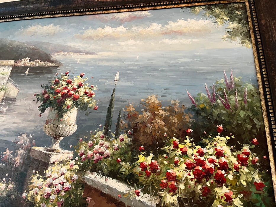 Gorgeous framed vertical painting European patio over water 32574