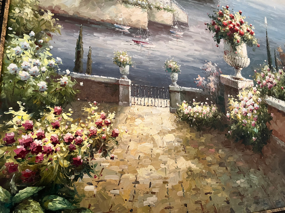 Gorgeous framed vertical painting European patio over water 32574