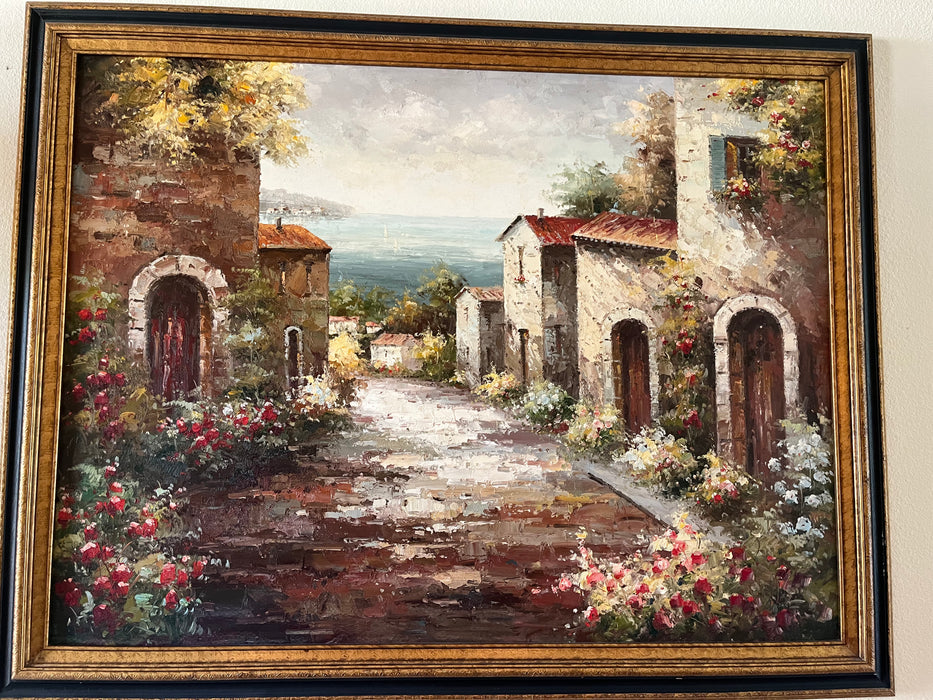 Gorgeous framed vertical painting European street, town over water 32575
