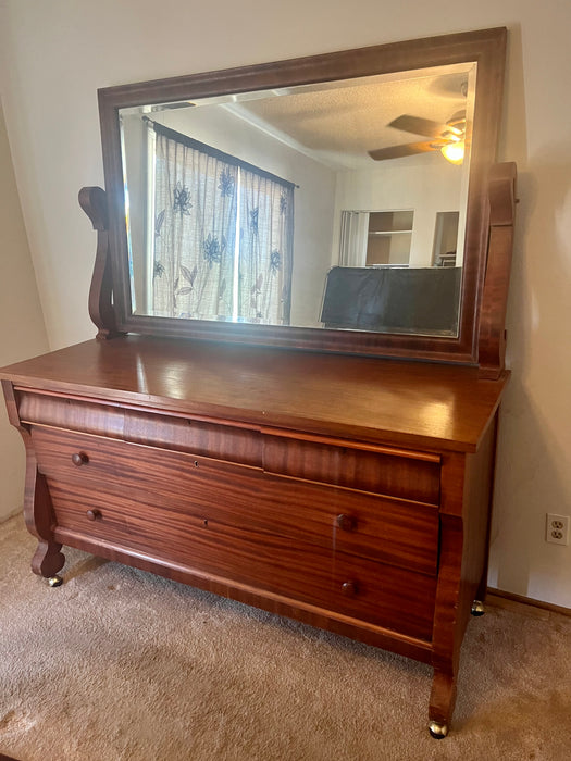 Long tiger stripe mahogany dresser with beveled mirror 32881