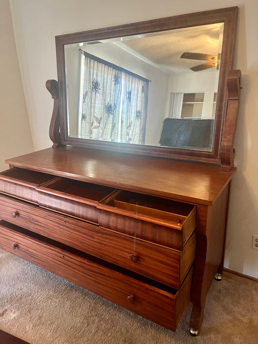 Long tiger stripe mahogany dresser with beveled mirror 32881