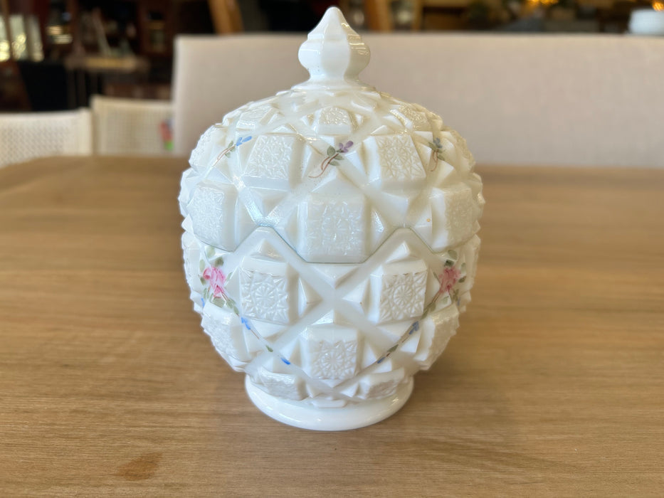 Westmoreland White Milk Glass Old Quilt Pattern Dish & Lid Hand Painted Flowers 33762