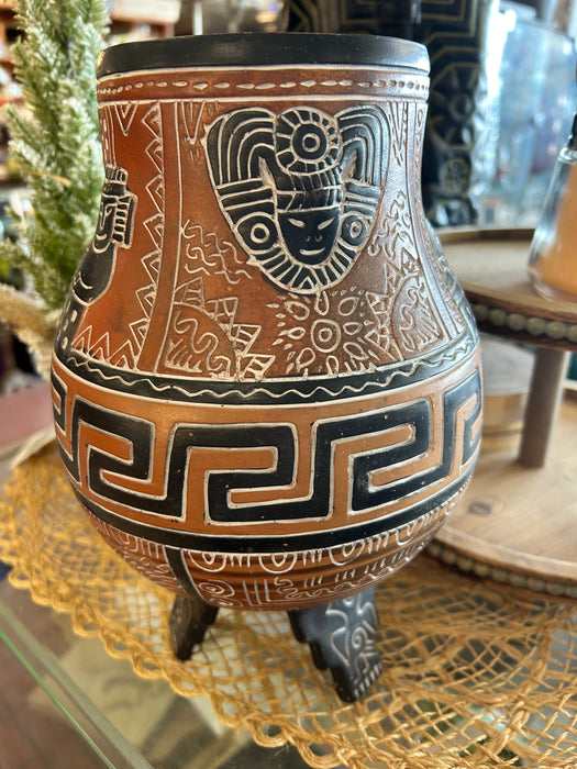 Vintage Brown and Black Mexican pottery tri pod vase 34183