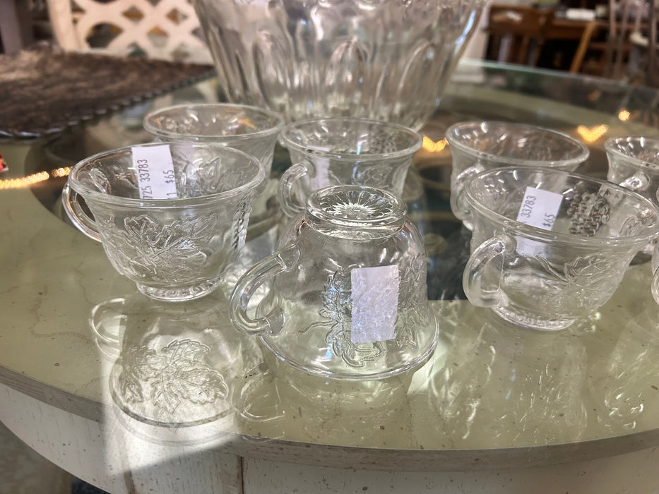 Vintage large clear glass harvest grape punch bowl 9pc set  33783