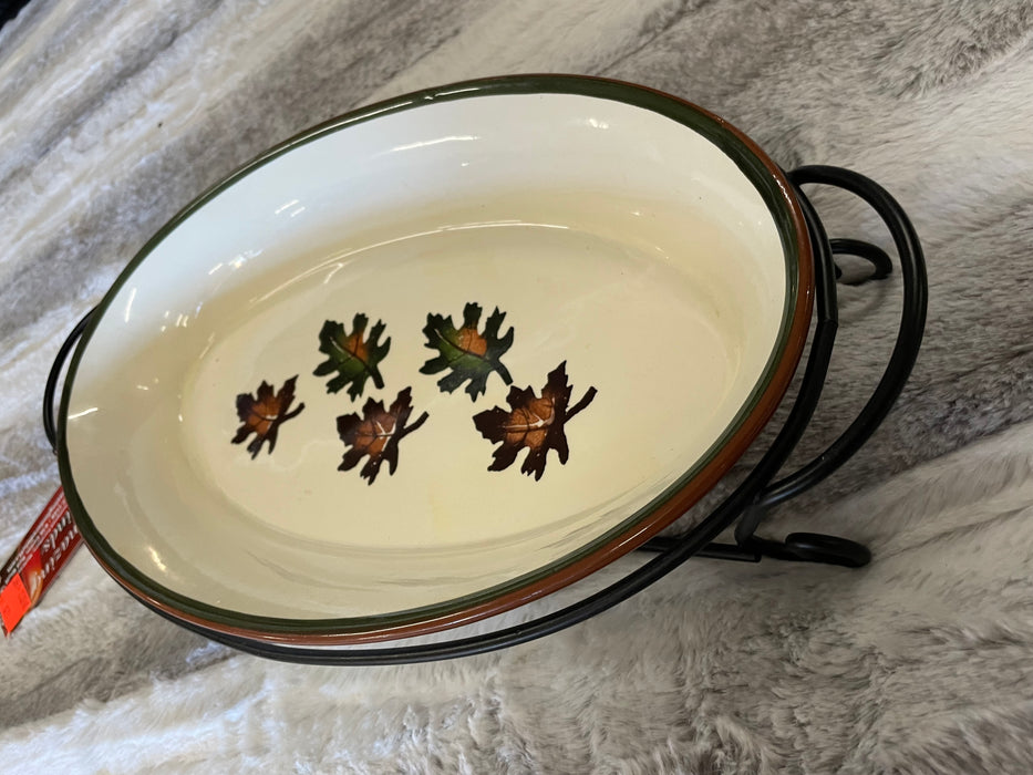 Autumn leaf serving dish with wrought iron holder 30879
