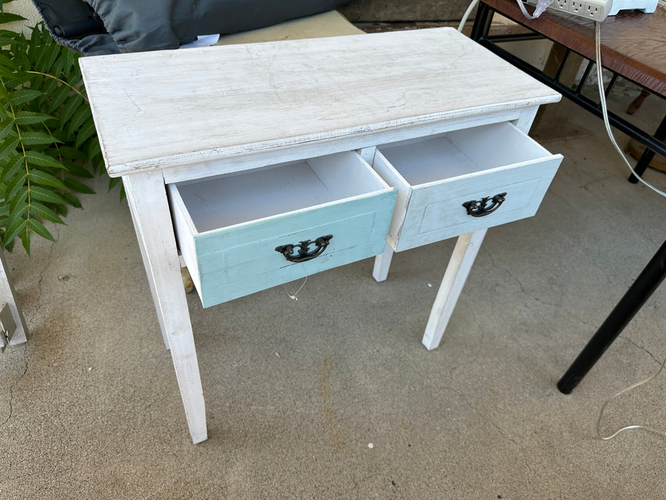 Small white/light green 2-drawer entryway/hall table 31266