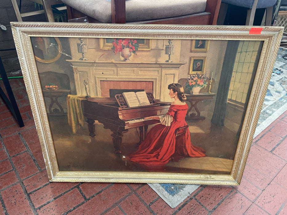Vintage painting by M. Ditlef "Sonata Lady in Red" 31219