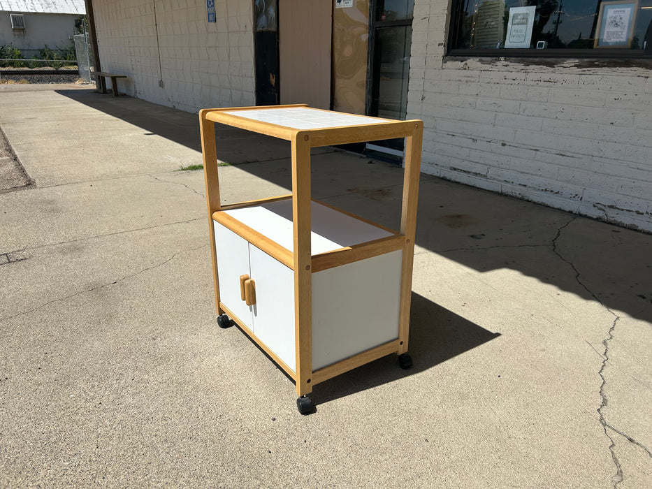 White tile top rolling kitchen utility cabinet cart 34385