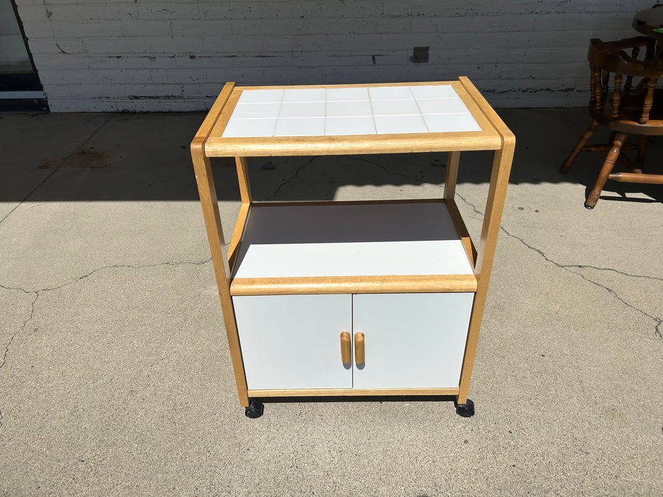 White tile top rolling kitchen utility cabinet cart 34385