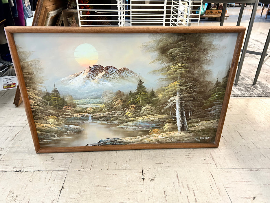 Lake and forest scene oil painting by H. Wilson framed picture 34025