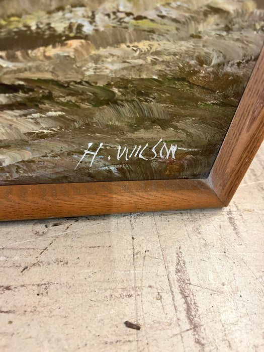 Lake and forest scene oil painting by H. Wilson framed picture 34025