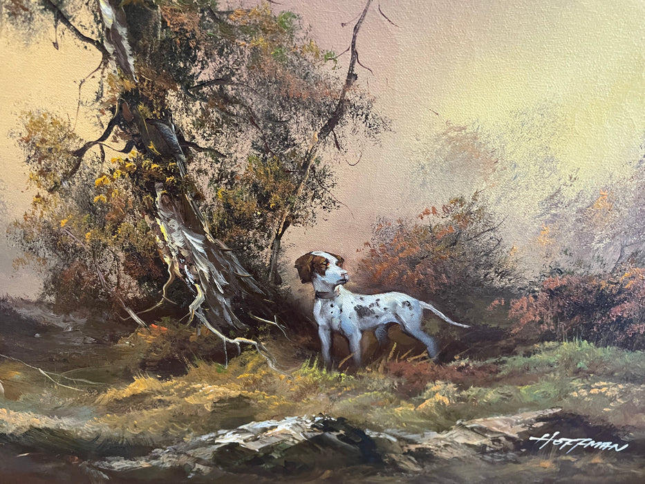 Vintage English Pointer dog hunting Pheasant oil painting signed by Hoffman