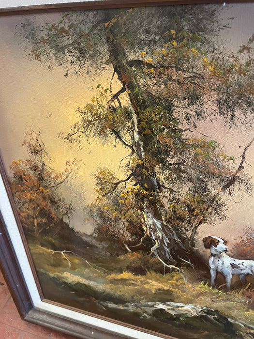 Vintage English Pointer dog hunting Pheasant oil painting signed by Hoffman