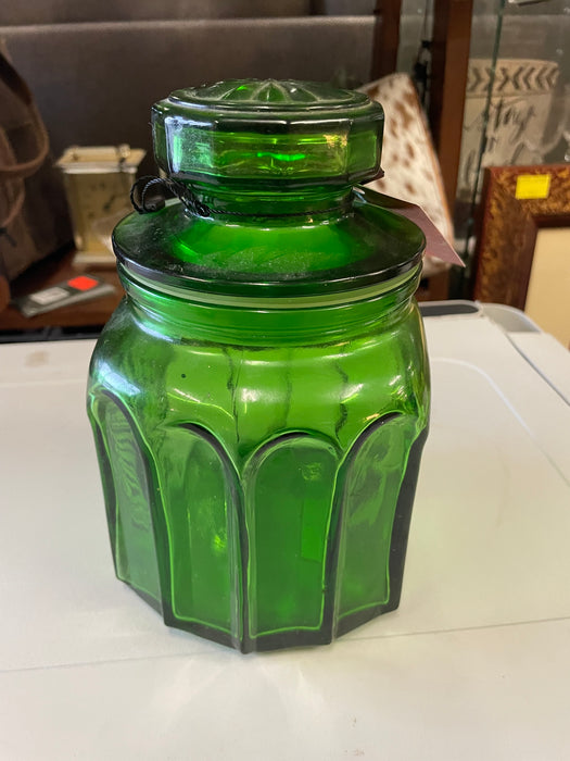 Wheaton green glass cookie jar with daisy design 32055