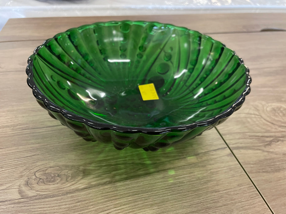 Vintage Anchor Hocking dark emerald green hobnail glass footed salad bowl 32058