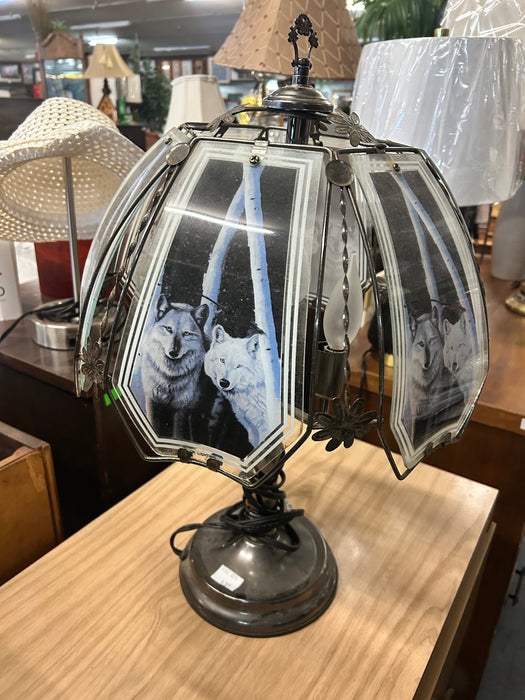 Gray and white wolf glass lamp 34062