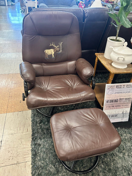 Brown moose image upholstered accent chair with ottoman 34070