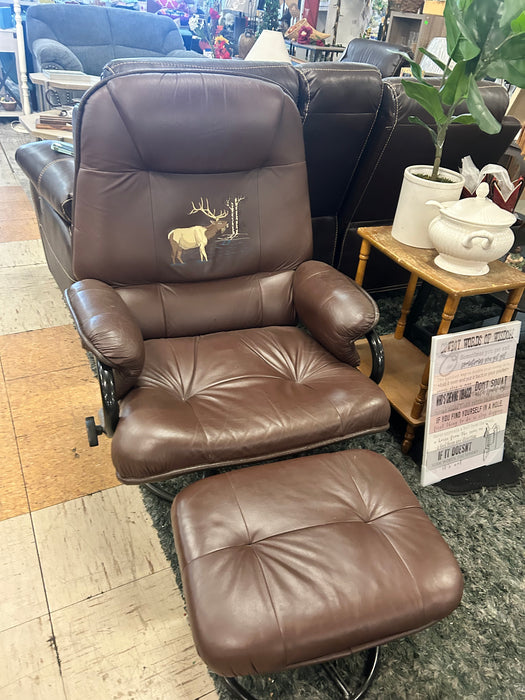 Brown moose image upholstered accent chair with ottoman 34070