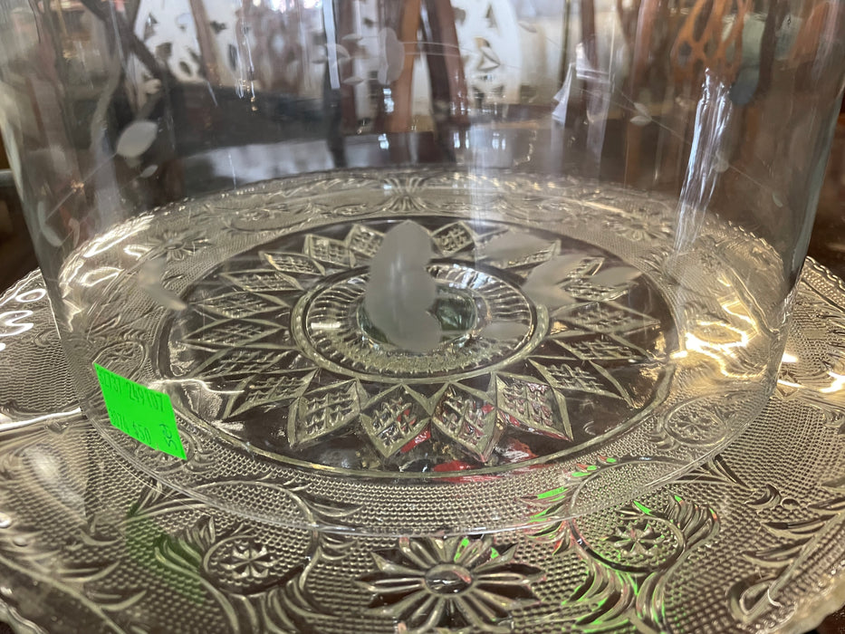 Duncan & Miller clear crystal cake stand with etched glass lid 32737