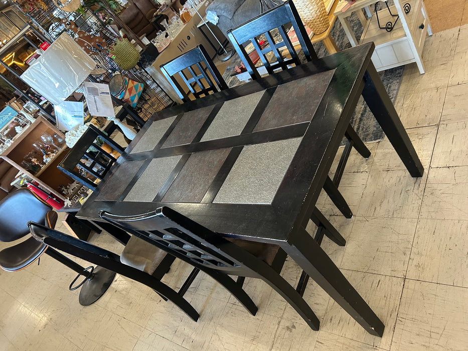 Black wood stone inlay dining table with 5 chairs 6pc set 34372