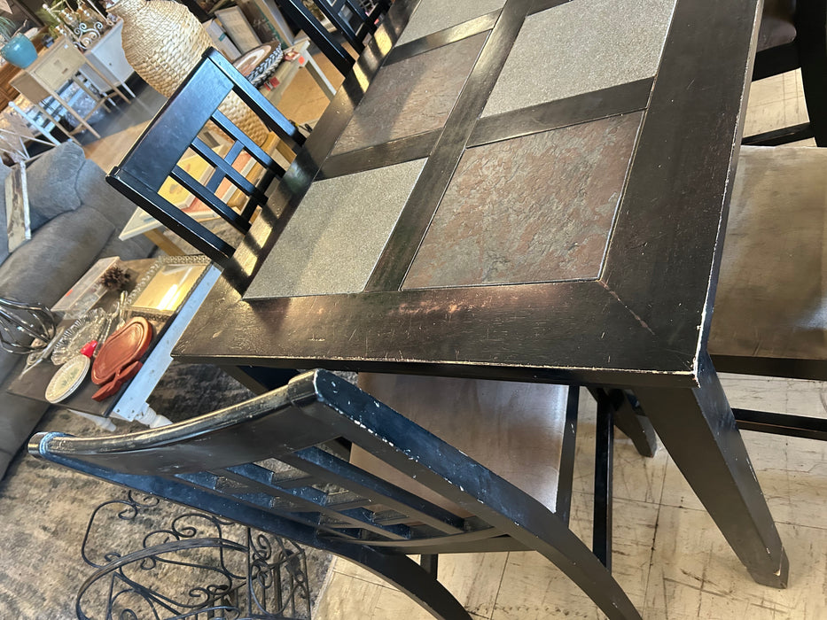 Black wood stone inlay dining table with 5 chairs 6pc set 34372