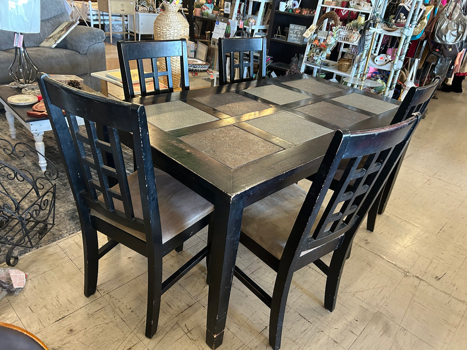 Black wood stone inlay dining table with 5 chairs 6pc set 34372