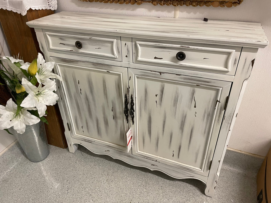 Distressed white 2-drawer 2-door cabinet NEW AS IS 31028