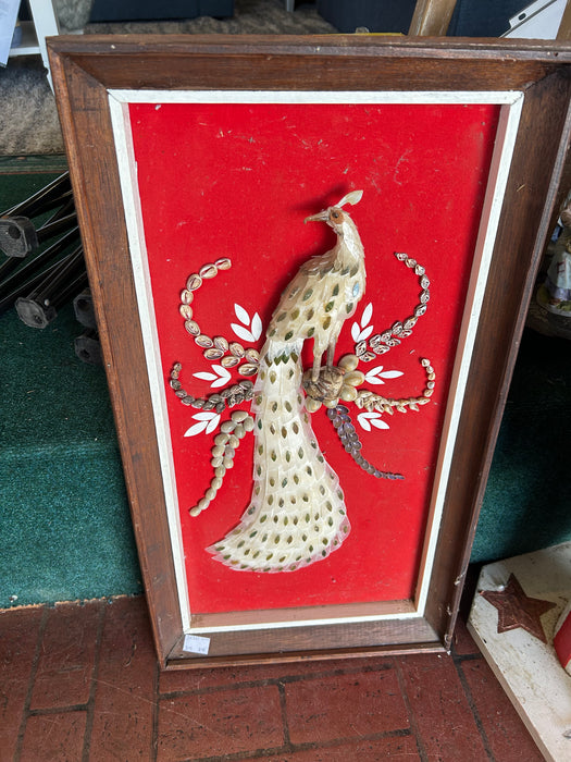 Vintage shell Oriental Asian peacock in frame 34341