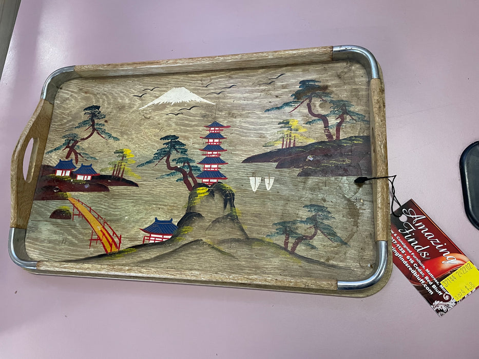 Vintage hand painted Japanese Asian Oriental wooden tray 32144