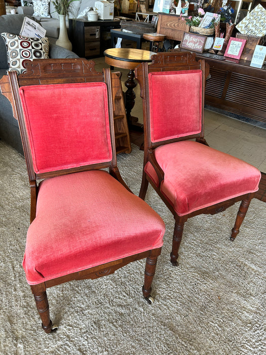 Eastlake antique accent chairs w/ carved wood trim, red velvet upholstery 33633