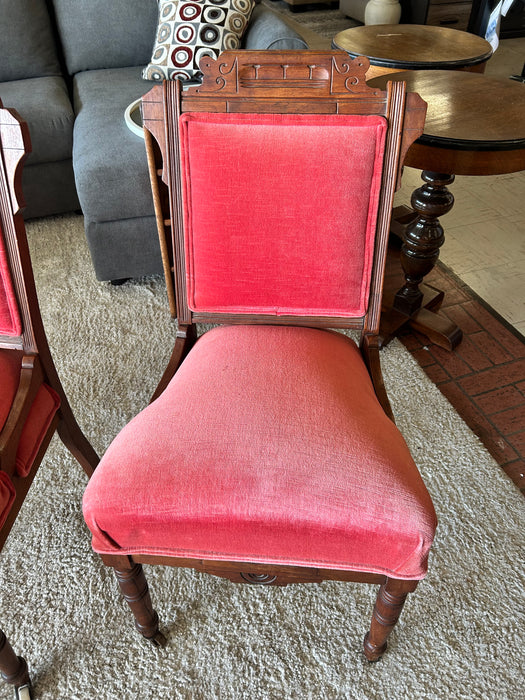 Eastlake antique accent chairs w/ carved wood trim, red velvet upholstery 33633