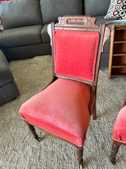 Eastlake antique accent chairs w/ carved wood trim, red velvet upholstery 33633