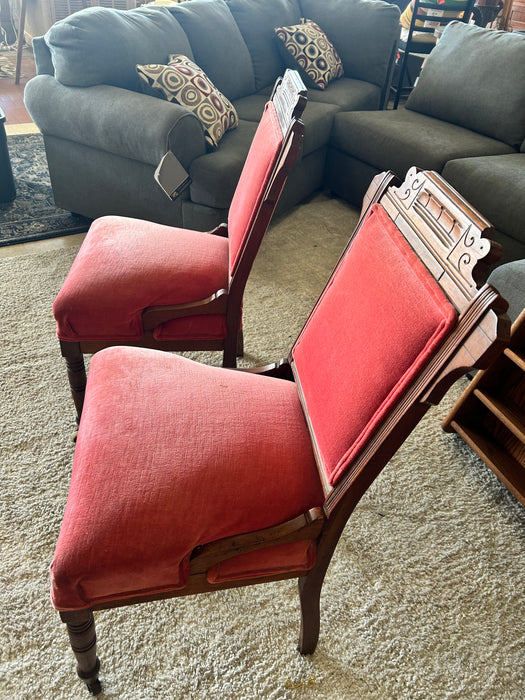 Eastlake antique accent chairs w/ carved wood trim, red velvet upholstery 33633
