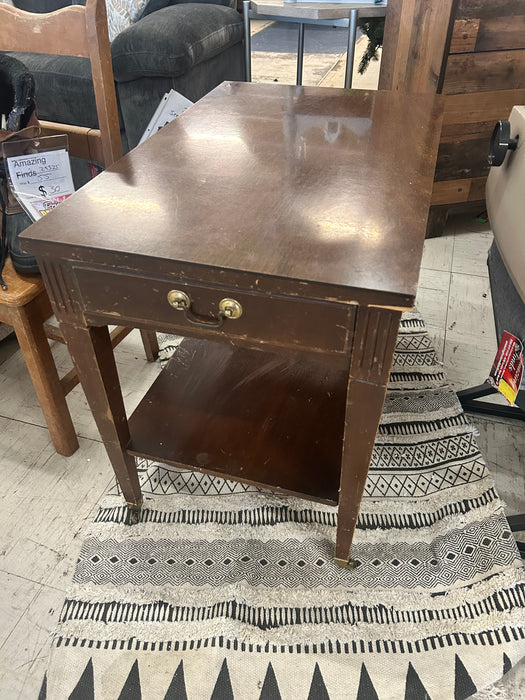 Mersman vintage wood end table 1 drawer on metal casters 33692